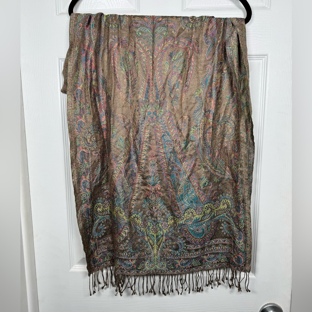 Boho Paisley Fringe Scarf Wrap Shawl Metallic Multicolor